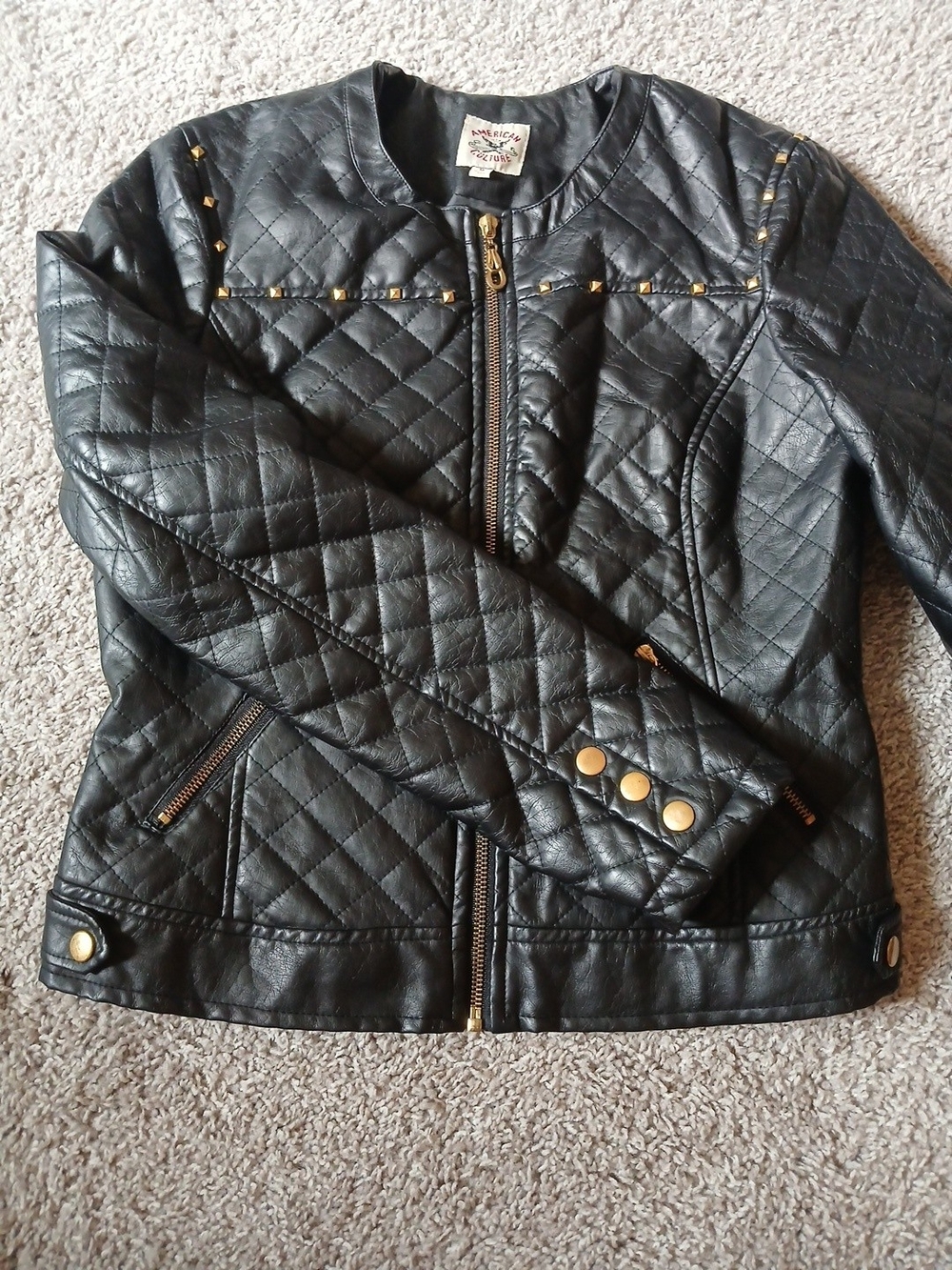 Quilted Black Women's Faux Leather Moto Jacket with Gold Hardware
